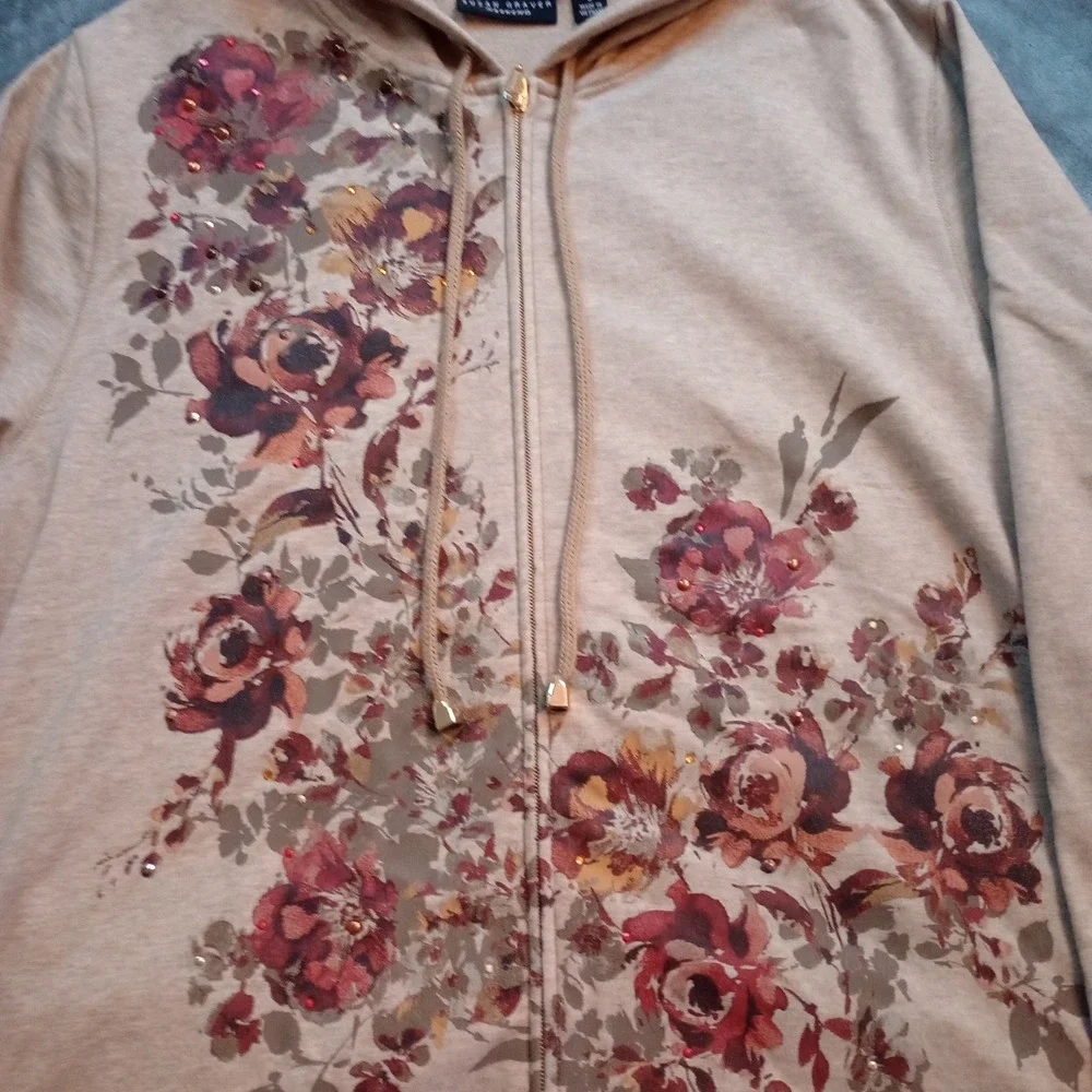 Susan Graver Weekend Jacket Coat Oatmeal French Terry Embellished Printed Size L